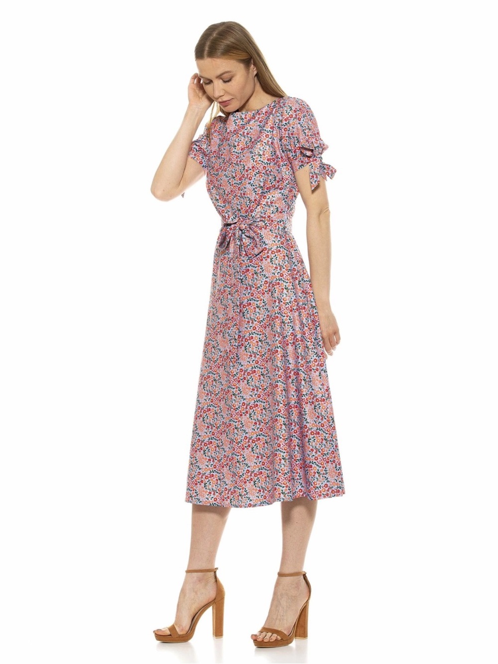 Alexia Admor Ditsy Floral Tie-Sleeve JANET Midi Dress Size 2